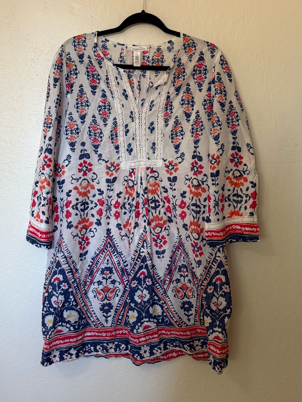 Oscar de la Renta White Tunic Dress with Navy & Coral Floral Print size large